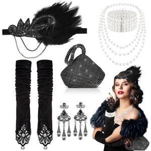 Jspupifip 9 Pcs 1920s Flapper Great Gatsby Accessories Roaring 20s Accessories for Women 1920s Costume Gatsby Headband Clutch