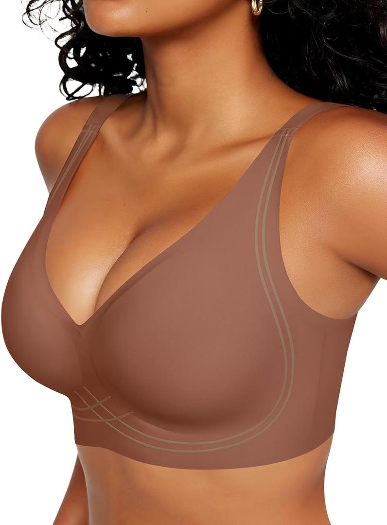 Vertvie Deep V Bras for Women No Underwire Push Up Wireless Bra Comfort Seamless Supportive Bra Racerback Soft Sleep Bralette (Medium, Coffee)