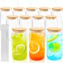 Joyclub 12 Set Glass Cups with Bamboo Lids and Glass Straws 16oz Can Shaped Reusable Clear Iced Coffee Glasses Bulk Set Drinking Jars wholesale for Party Weddings Cafes Boba Shops Gifts DIY