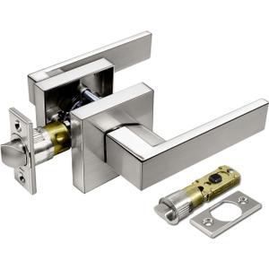 BESTTEN Satin Nickel Square Passage Door Lever with Removable Latch Plate, All Metal Non-Locking Interior Door Handle Set for Hallway and Closet, Monaco Series