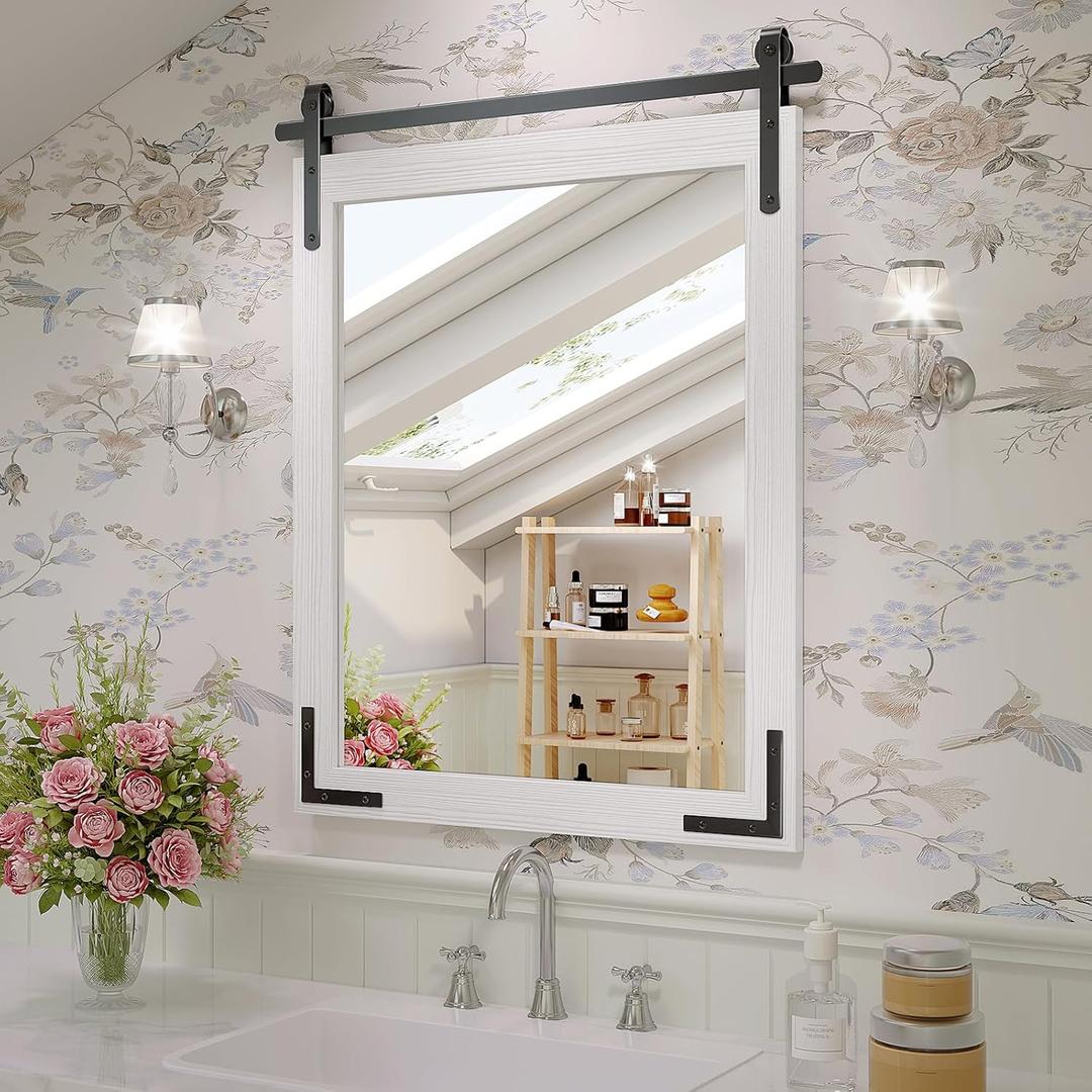Farmhouse Bathroom Mirror, 22x30 Inch White Vanity Mirror for Wall, Wood Framed Rustic Mirror Rectangular Wall Decor Mirrors for Entryway Living Room Bedroom