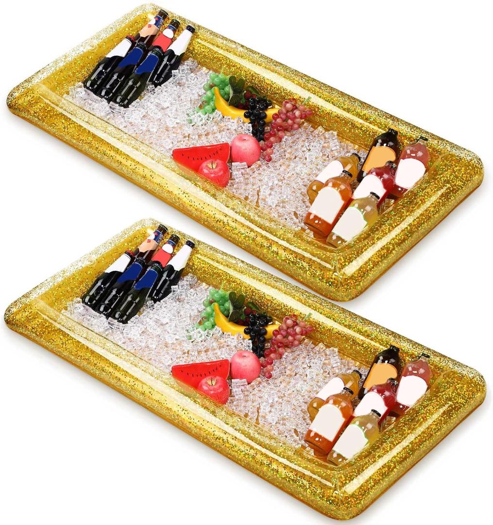 2 Pieces Inflatable Serving Bar Glittering Confetti Food Cooler Buffet with Drain Plug, Inflatable Ice Serving Bar for Food and Drinks for Pool and Outdoor Events(Gold)