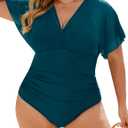Blooming Jelly Women's Plus Size Swimsuit One Piece Bathing Suit Tummy Control Mesh V Neck Maternity Swimwear (X-Large, Dark Cyan)