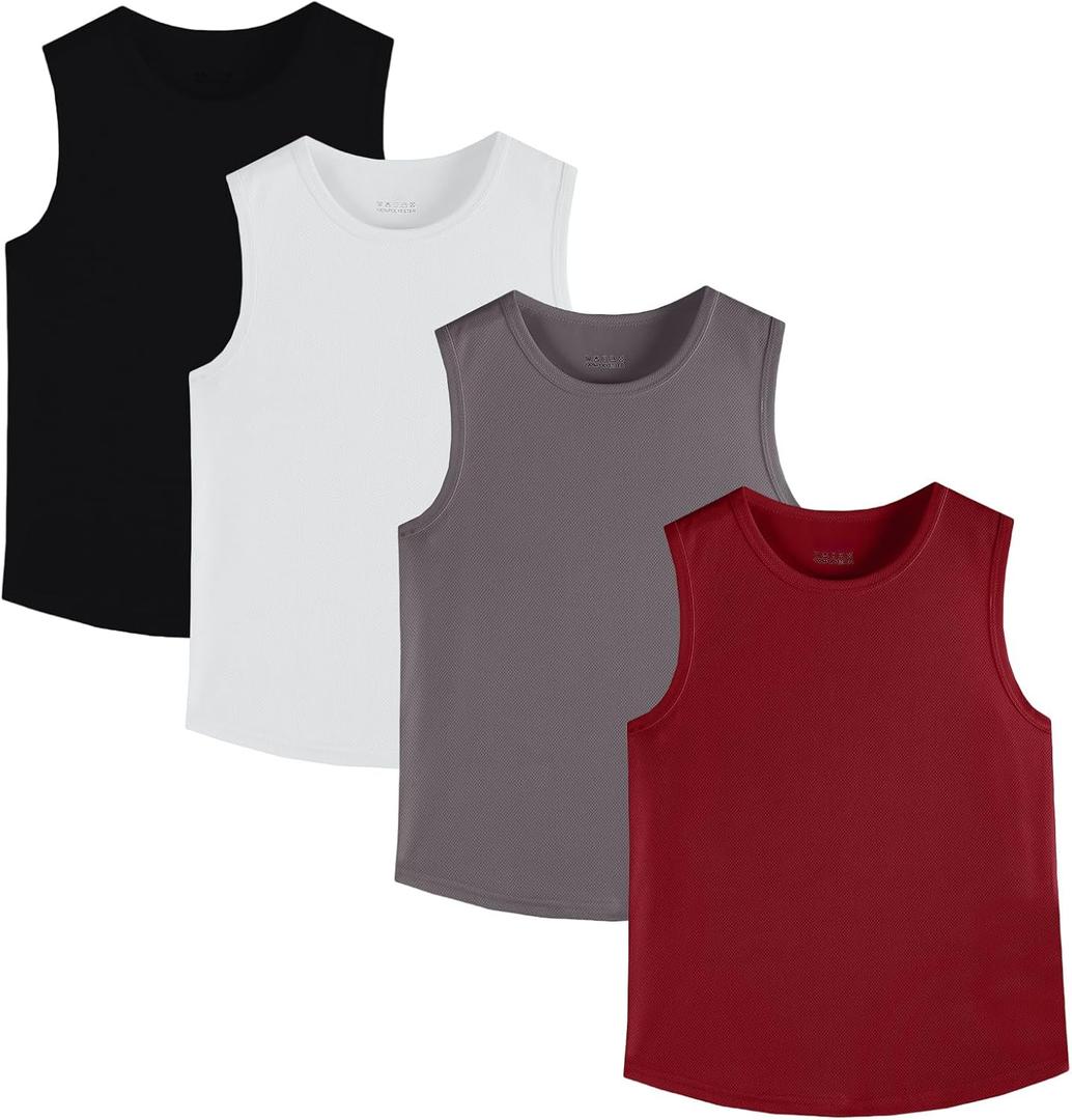 4 Pack Boys/Kids/Teens Quick Dry Tank Tops Mesh Moisture Wicking Athletic Performance Sleeveless Shirts(Age 4-18Y) (13-14 Years, Black,white,gray,dark Red)
