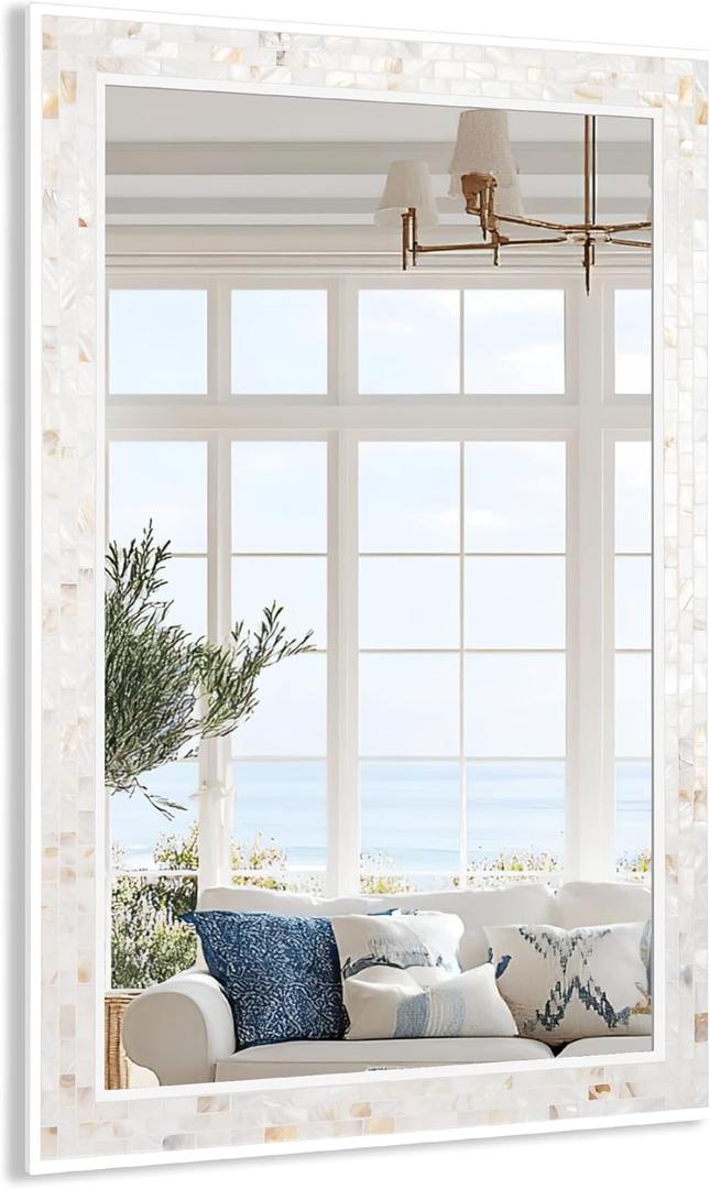 Tanmicoshomy 26 x 40 Inch Rectangle Wall Mirror, Natural Shell Framed Rectangular Mirror for Bathroom, Vanity, Bedroom, Living Room, Entryway, Wall Mounted Horizontal or Vertical, White