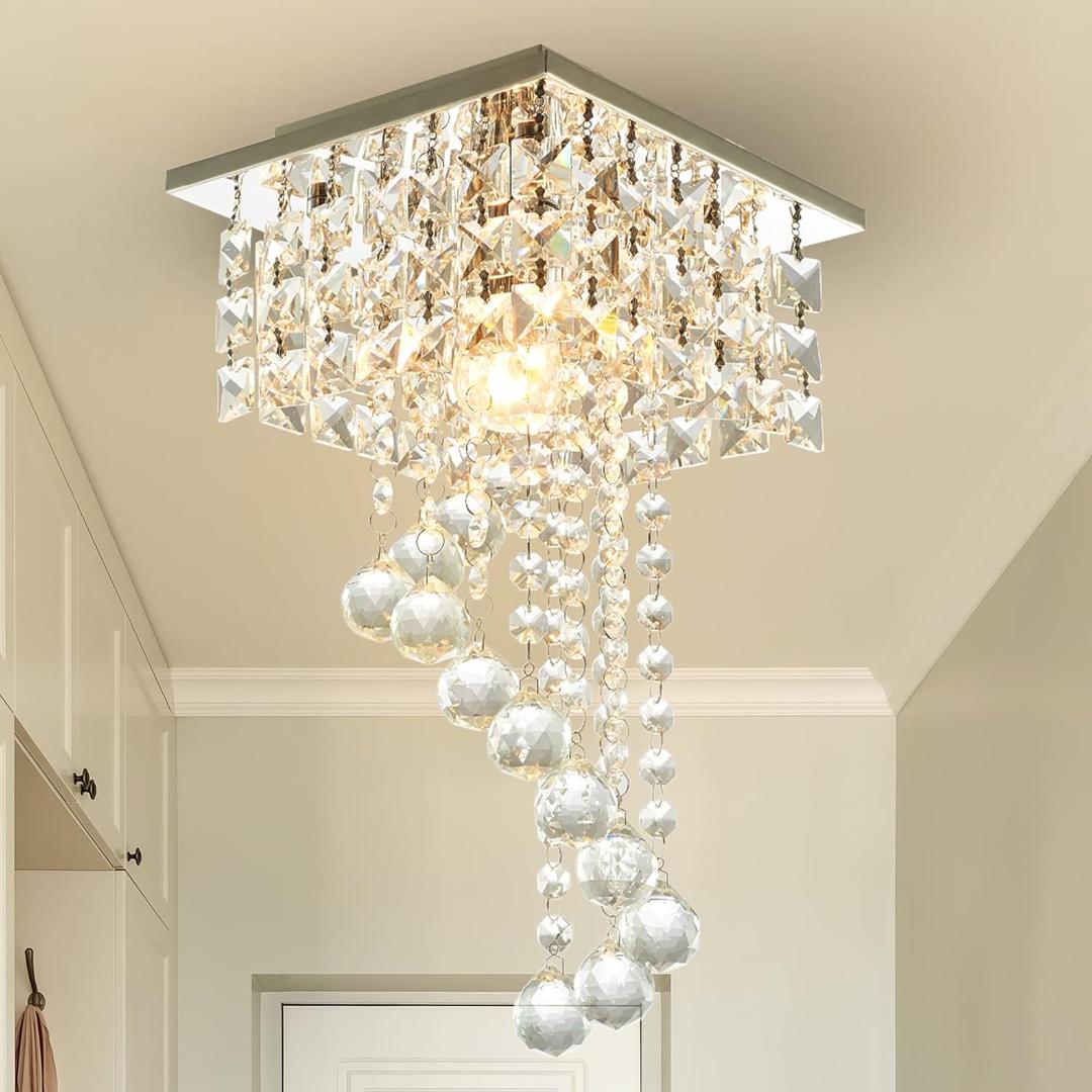 Mini Crystal Chandelier Flush Mount, 7.9" Square Crystal Flush Mount Ceiling Light, 1-Light E26 Socket, K9 Crystal & Stainless Steel, Small Chandelier for Entryway Hallway Closet Bedroom, Chrome