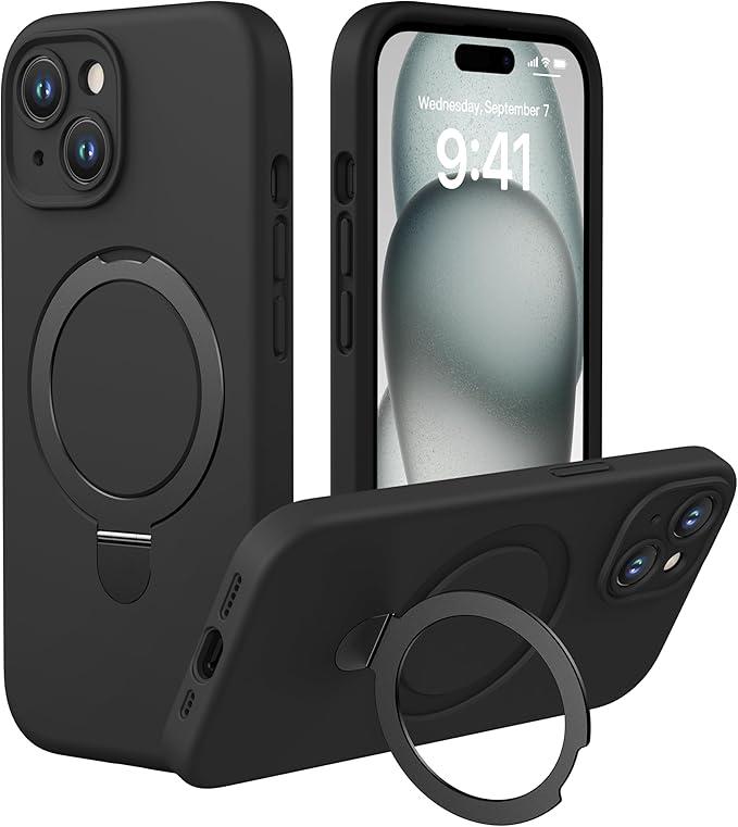 Strong Magnetic Case for iPhone 15 [for MagSafe Charging] [Camera Protection] Heavy-Duty Protection, Soft Grip Silicone Cover with Kickstand, Black