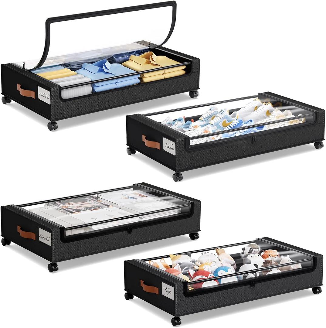 Yecaye 4 Pack Under Bed Storage with Wheels, Under Bed Storage Containers with Lids, Large Under Bed Rolling Storage with Clear Window & Label, Rolling Drawers for Clothes, Blankets, Books (Black)