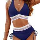 Blooming Jelly Women High Waisted Bikini Sets Tummy Control Swimsuits Color Block Two Piece Drawstring Bathing Suit (Medium, Navy Blue- New)