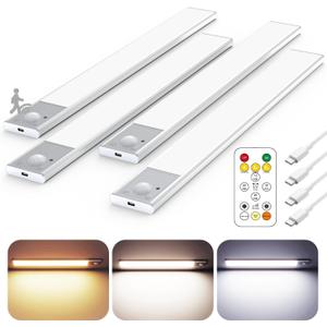 12" Ultra-Thin Under Cabinet Lighting Wireless, Aluminum Alloy Under Counter Lights for Kitchen, 3-Color-Temps Magnetic Closet Lights, Rechargeable Motion Sensor Light Indoor (4 Pack, Silver)