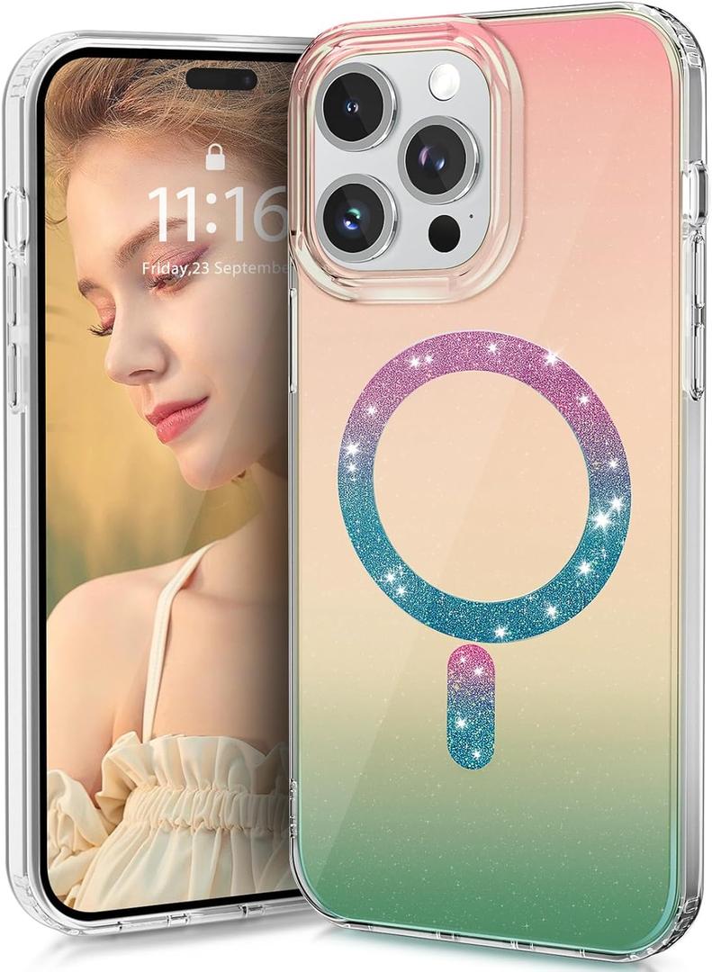 for iPhone 14 Pro Max Case Compatible with Magsafe for Girls Women Protective Shockproof Clear Sparkly Cute Cover Soft TPU Slim Case for iPhone 14 Pro Max 6.7 inch Gradient Colored Green
