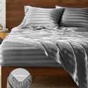 Satin Sheets Queen Size, Luxury Jacquard Striped Dark Grey Bedsheets with Elastic Corner Straps, Similar to Silk Sheets Set 4 PC with 1 Deep Pocket Fitted Sheet, 1 Flat Sheet, & 2 Pillowcases