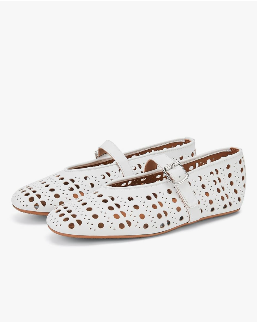 Hollow Ballet Flats Shoes for Women Breathable Hole Round Toe Ballerina Flats Fashion Women's Adjustable Buckle Strap Mary Jane Flats Comfortable Casual Dress Shoes Size 6