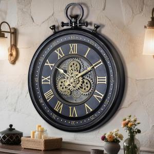 AYRELY 24IN Decorative Moving Gear Large Wall Clock, Oversized Industrial Steampunk Gears, Big Numerals Wall Clock for Modern Living Room Decor (Carbon Black)