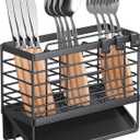 Utensil Holder, Stainless Steel Utensil Drying Rack with Plastic Automatic Drain Tray for Kitchen Counter, Compact Silverware Cutlery Drainer Basket for Spoons, Forks, Knifes, Chopsticks Organizer (Black)