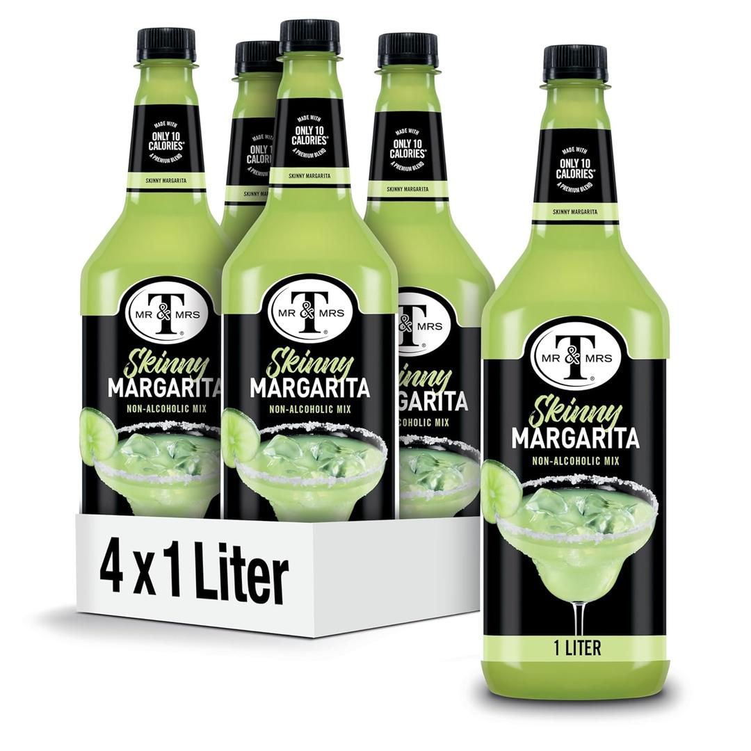 Mr & Mrs T Skinny Margarita Mix, 1 L bottle (Pack of 4), Tangy Lime Blend Flavored Cocktail Mixer, Made with Cane Sugar, Perfect for Traditional Margarita and Mocktail Drinks