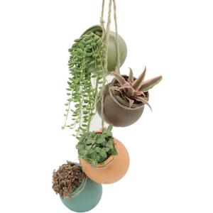 Yesland Ceramic Hanging Mini Flower Planters, Wall or Ceiling Mount - Dangling Container in Earth Tone Colored for Indoor Outdoor Decor - Set of 4
