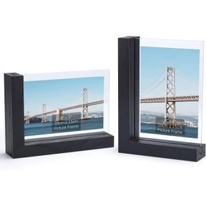 Lavezee 2 Pack 4x6 Picture Frames Made of Black Wooden L-shaped Base with Glass, Double Sided Display Photo Pictures 4 by 6 inch Vertical Horizontal for Tabletop Frame