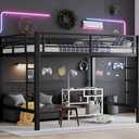 Bellemave Queen Size Loft Bed with 2 Ladder and Guardrails, Metal Loft Bed Frame, for Adults, Kids, Teens, Black