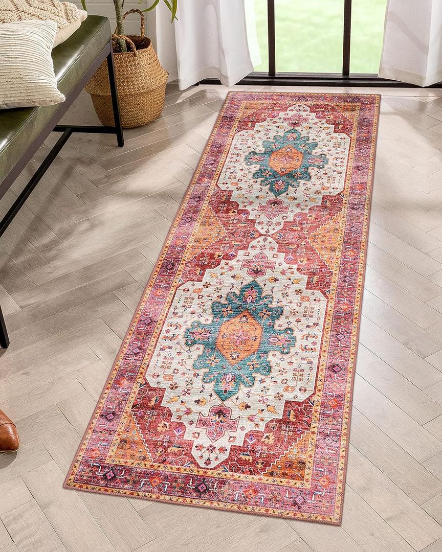 Moynesa Ultra-Thin Washable Runner Rug - Pink 2x5 Bathroom Rug Low Pile Hallway Rug Runner, Non Slip Pet Friendly Indoor Floor Carpet Runner for Kitchen Living Room Bedside Laundry Room (2' x 5', Pink/Teal/Multi)