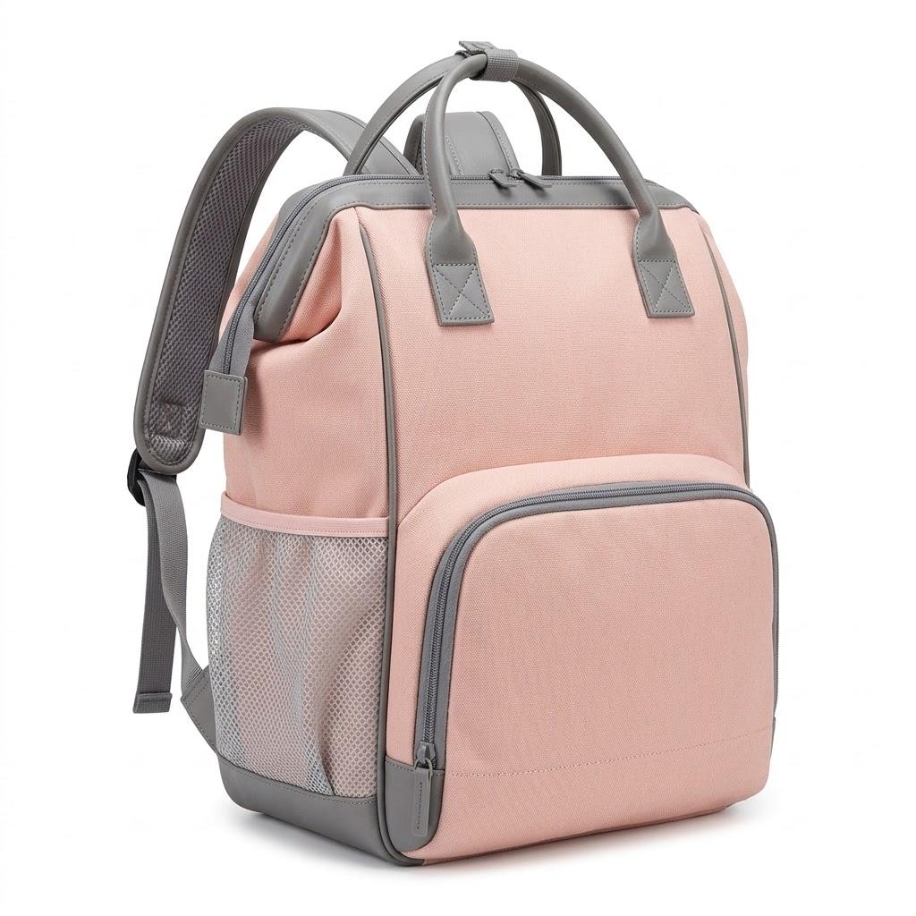 Pink & Grey Diaper Bag Backpack – Multi-Function Convertible Travel Backpack with Mesh Side Pockets, Front Zip Compartment & Top Handles, 14" L x 6" W x 14.25" H