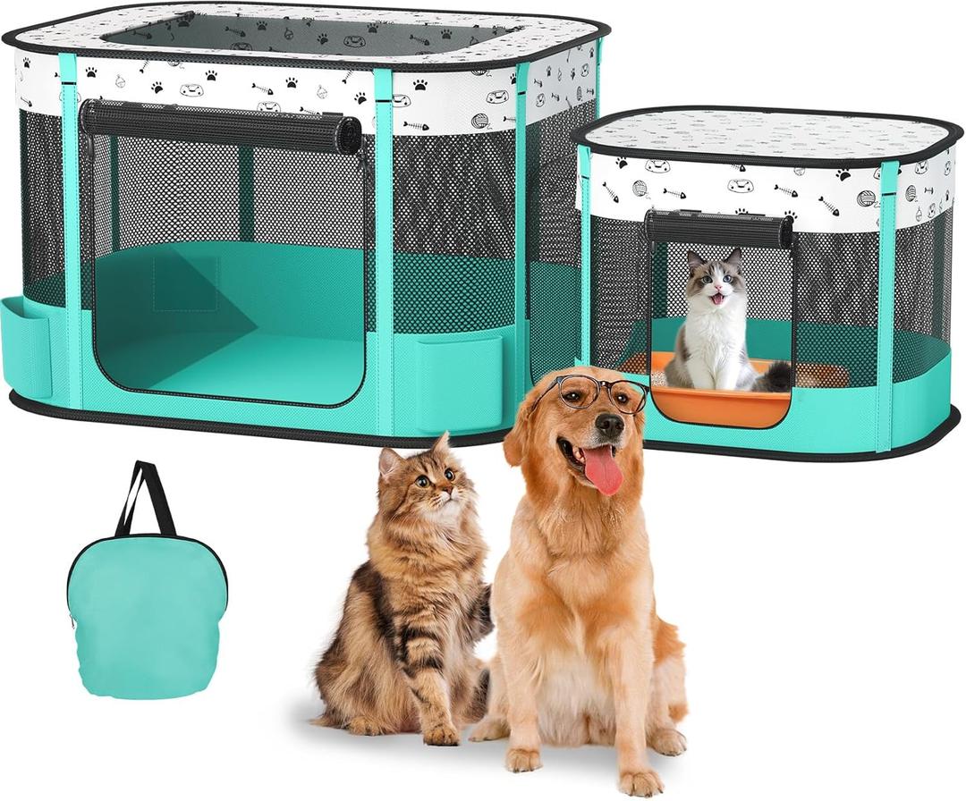Portable Cat Playpen, Foldable Pet Dog Playpen, for Kitten Puppy Play Pen Indoor/Outdoor, Cats Enclosure Cages Tent with Carrying Case, 600D Oxford 8-Rods, 32"x24"x22" (Green)