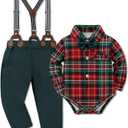 DISAUR Baby Boy Clothes Suits 4PCS Gentleman Outfit Dress Romper Beret Hat Suspender Pants Bow Tie Wedding Set (12-18 Months, Christmas)