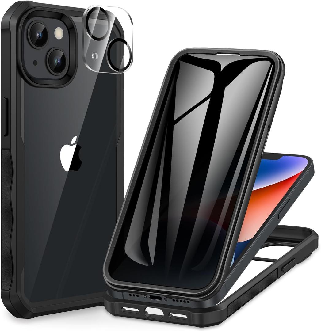 CENHUFO Privacy for iPhone 14 Plus Case, Full Body Phone Case with Built-in 9H Tempered Glass Privacy Screen Protector and Camera Lens Protector, Anti Peep Shockproof Bumper Clear Cover - Black