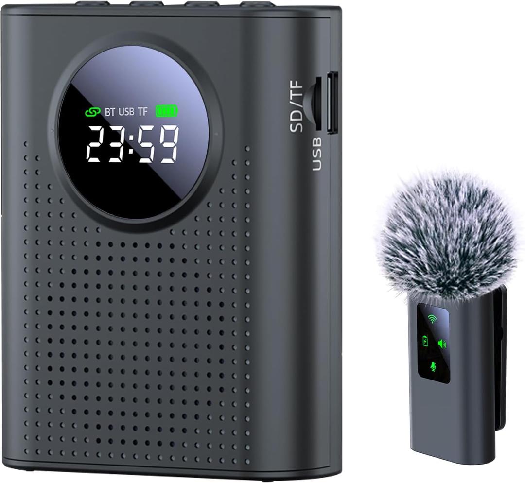 Bluetooth Voice Amplifier with Magnetic Wireless Lavalier Lapel Microphone for Teachers, Portable Speaker Clip-On Microphone, Mini Megaphone PA System for Classroom/Yoga/Conference (Black)
