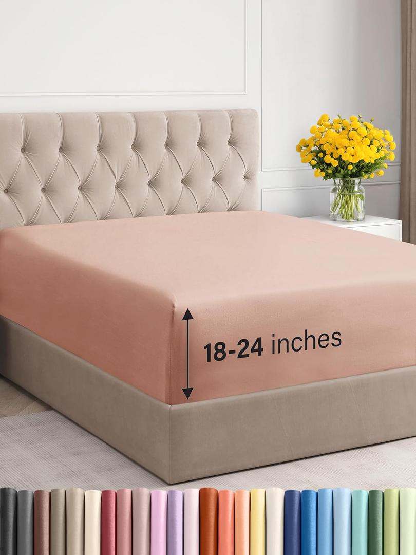 Extra Deep Queen Fitted Sheet - Hotel Luxury Single Fitted Sheet Only - Easily Fits 18 inch to 24 inch Mattress - Ultra Soft, Wrinkle Free w/Extra Deep Pockets - Easy-Care, Breathable & Comfy - Mauve