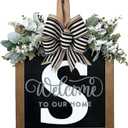 Last Name Year Round Front Door Wreath Front Porch Decoration 26 Letter Welcome Sign with Eucalyptus Garland and Bow Spring Wreaths for Front Door Outside Hanger GarlandS