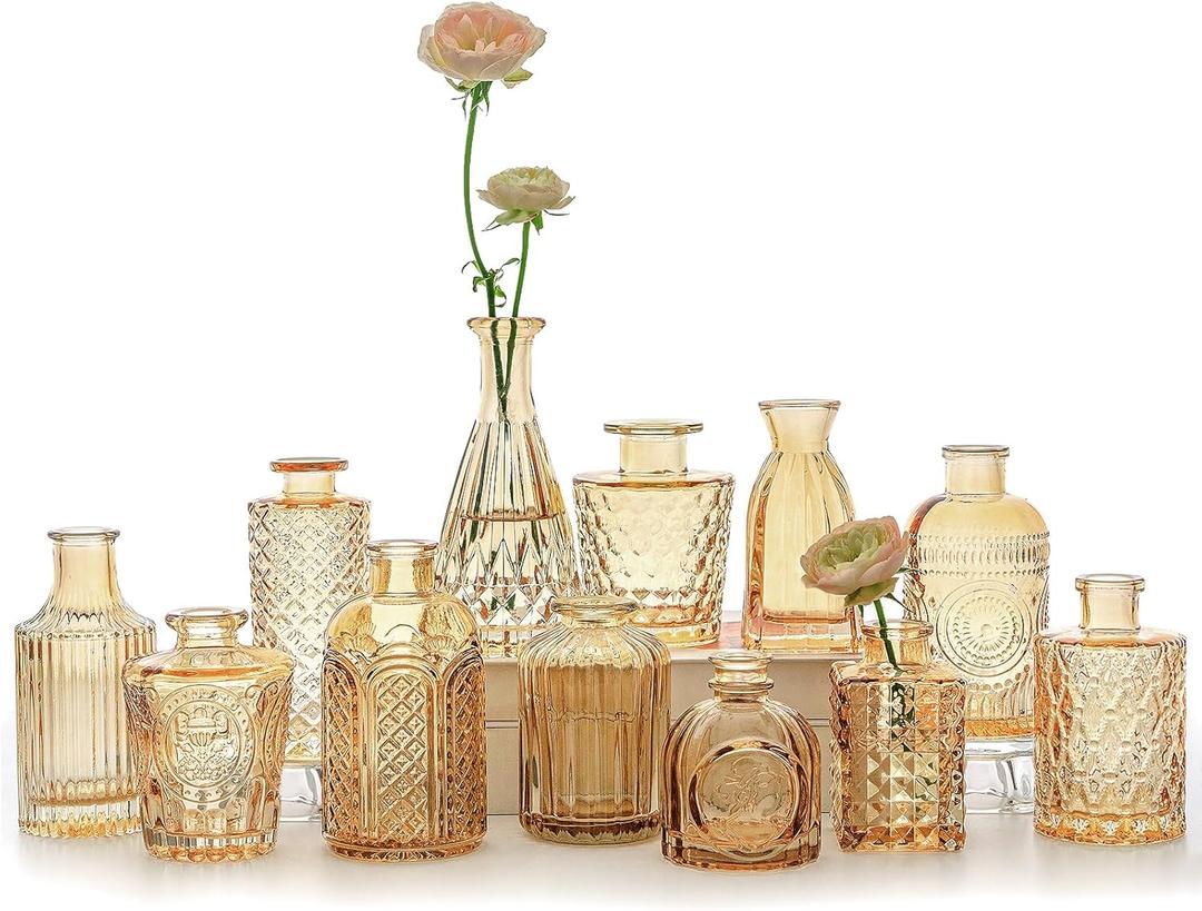 12pcs Glass Bud Vase Set, Small Gold Amber Flower Vases for Centerpieces in Bulk, Mini Vintage Vase for Wedding, Home,Table Decoration