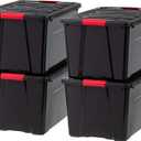IRIS USA 72 QT Plastic Storage Box with Lid and Latches - 4 Pack - BPA-Free, Garage Organizing Solution, Durable Nestable Stackable Containers, Secure Pull Handle - Black