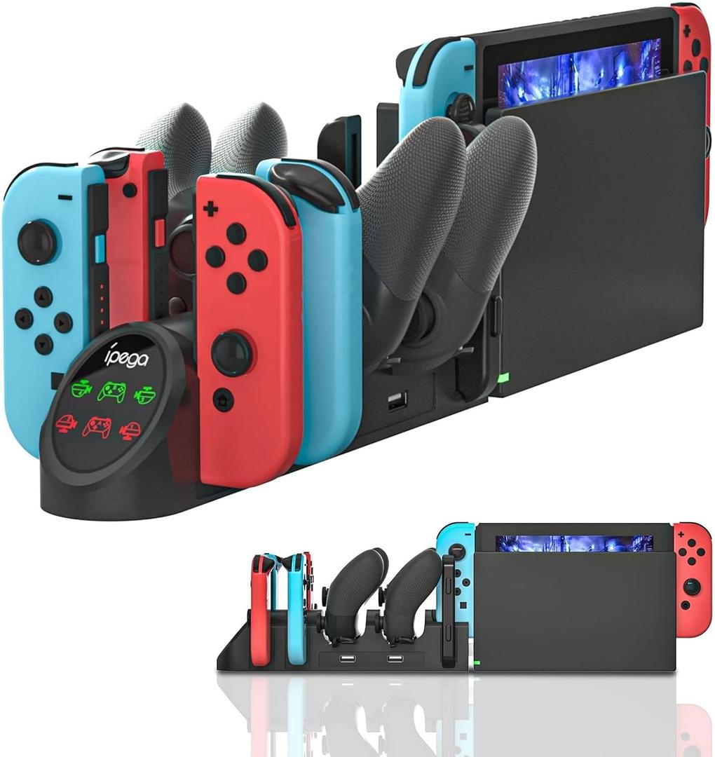 Charging Dock for Nintendo Switch Controllers  6-in-1 Fast Charging Station for 4 Joy-Cons & 2 Pro Controllers  Compact Organizer with LED Indicators, Compatible with Original Nintendo Switch Dock (Black)