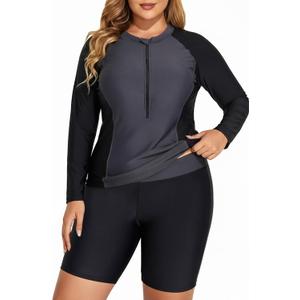 Daci Plus Size Rash Guard for Women - Long Sleeve UPF 50+ Swimsuits 2 Piece Built in Bra Swim Shirt with Shorts Black Grey 20 Plus (Grey)