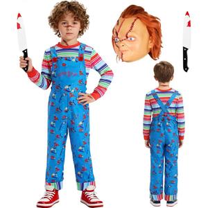 Creepy Doll Costume for Kids Ghost Mask Stripe Top Jumpsuit Halloween Costume Cosplay Props Boys Girls (L/150, Blue)