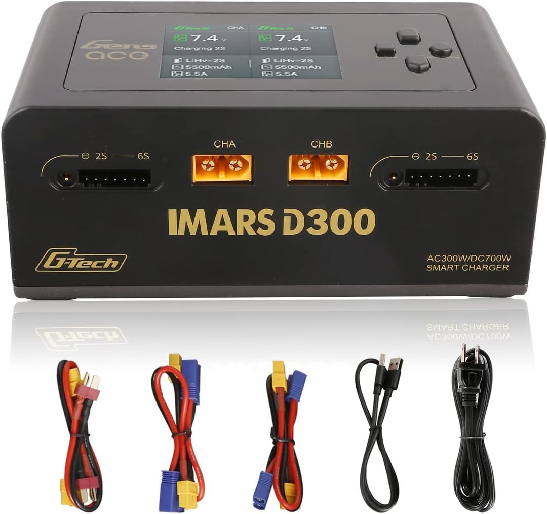 Gens Ace Lipo Battery Charger IMARS D300 G-Tech Series Smart Dual Lipo Charger 16A AC 300W DC 700W Lipo ChargerBlack