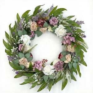 26 Inch Eucalyptus Wreaths for Front Door with Colorful Roses, Hydrangeas, Lavender, Berries, Salal Leaves, Ferns, Dusty Miller - Artificial Green Door Wreath, Porch Decor - Spring, Summer