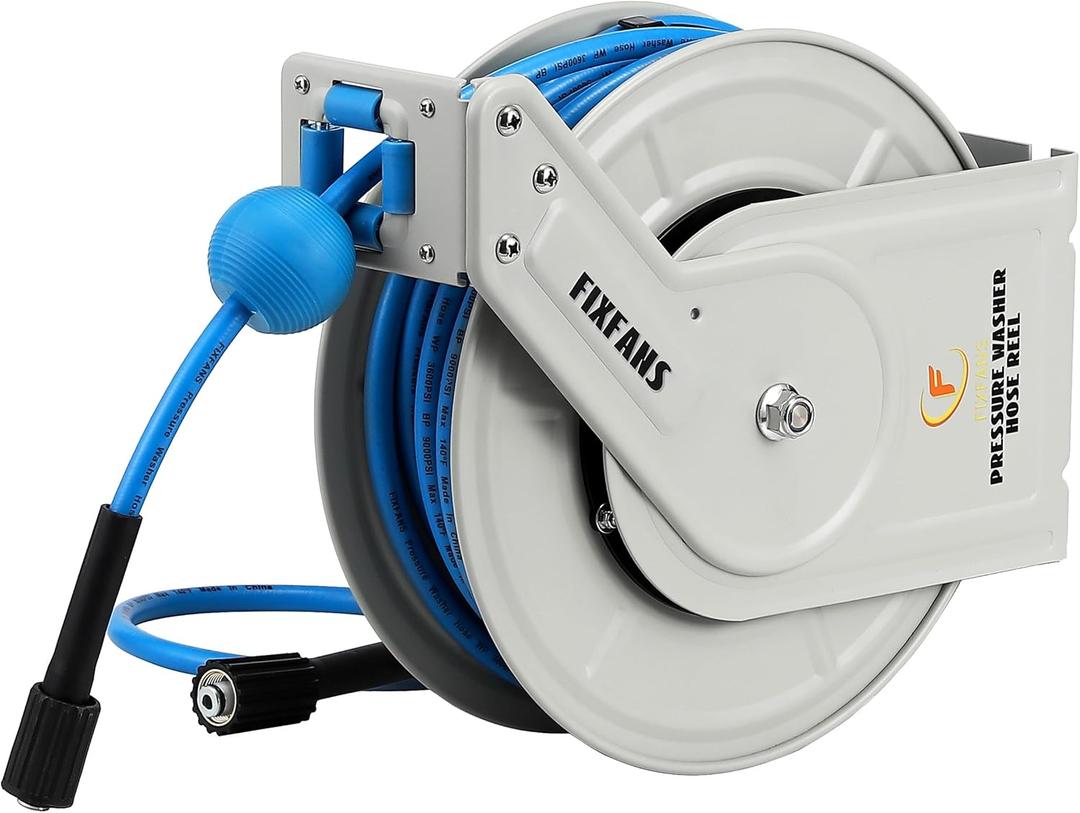 FIXFANS Pressure Washer Hose Reel with Hose, 1/4"  60ft Retractable Power Washer Hose Reel, Heavy Duty Hose Reel Auto Rewind, Wall Mounted, 3600 PSI