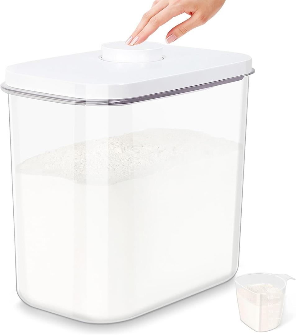 Airtight Rice Container 25 Lbs with Handle and Cup 12.68Qt Large Flour Sugar Storage Container with Pop Up Seal & Hanging Lid Hooks, Clear Tall Food Storage Bin for Kitchen Pantry Organization
