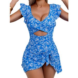 One Piece Swimdress Swimsuit for Women Tummy Control Ruffle Swim Dress Skirt V Neck Cutout Wrap Bathing Suit (Large, Blue Print)