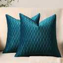 DEZENE 18x18 Teal Throw Pillow Cases: 2 Pack Original Striped Velvet Square Decorative Pillow Covers for Farmhouse Couch