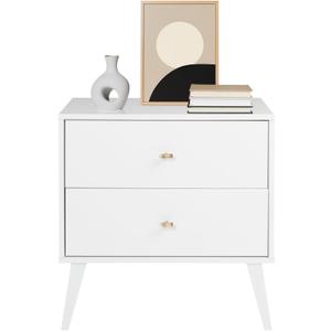Prepac Milo Mid-Century Modern 2 Drawer Nightstand, Bedside Table, Contemporary Bedroom Furniture, 16"D x 25"W x 25"H, White