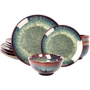 Dinner Set 12 Pieces - Round Reactive Glaze Tableware - Kitchen Dinnerware Porcelain Crockery with Dinner Plate, Bowl and Soup Plate Service for 4, Microwave Dishwasher Safe, Set (No.2)