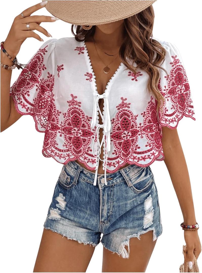 SOLY HUX Women's Hollow Tie Front Crop Tops Ruffle Short Sleeve V Neck Summer Blouse Shirts (Medium, Red and White)