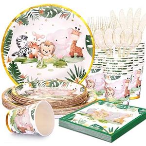 Safari Baby Shower Decorations for Boy, Jungle Baby Shower Plates and Napkins Sets for 24 Guest, Safari Party Supplies-Sage Green Plates Napkins Cups Cutlery for Boy Girl Gender Reveal Birthday Party