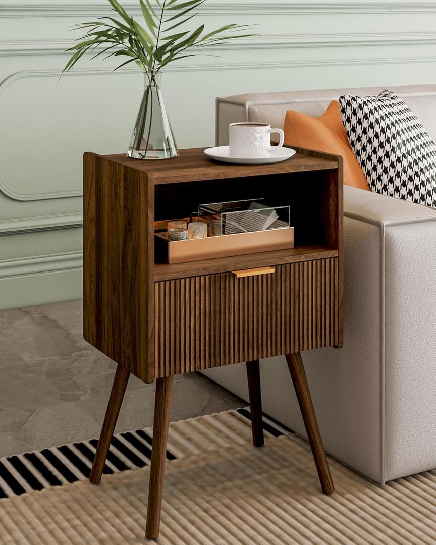 Nightstand, Modern Bedside Table with Storage Drawer and Open Wood Shelf, Accent Night Stand with Solid Wood Legs for Living Room, Bedroom and Small Spaces, Easy Assembly (Walnut Brown)