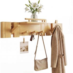 Mid Century Modern Walnut Foldable Entryway Wall Coat Hanger Hook with Shelf,Heavy Duty Wooden Piano Hidden Towel Hooks for Bathroom,Wall Rack for Purse&Key&Mail,Home Decor (Natural, 7 Hooks)