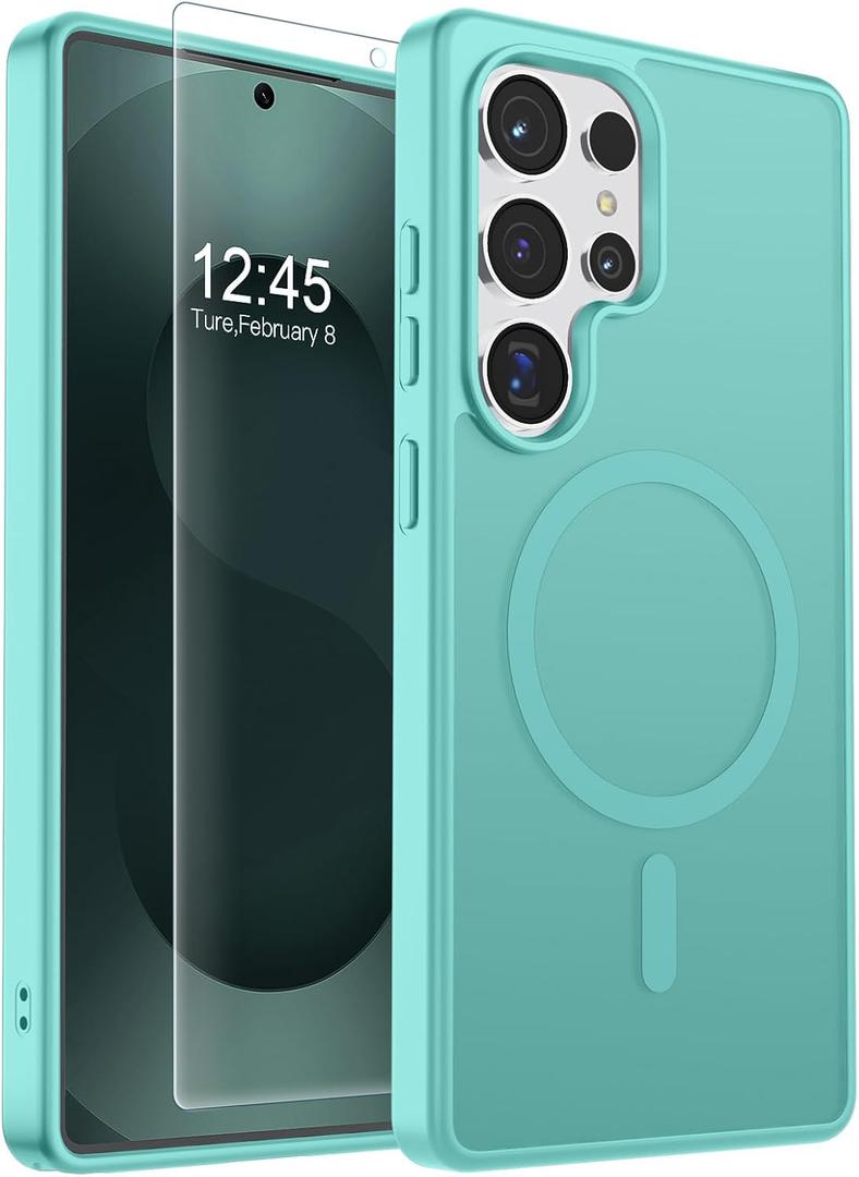SUPFINE Magnetic for Samsung Galaxy S25 Ultra Case with Screen Protector, (Built-in Magnets) (Military Grade Drop Protection) Slim Translucent Shockproof Phone Case,Blue Green