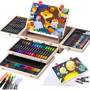 Art Supplies, Deluxe Kids Art Set with Drawing Easel, Crafts Kit in Portable Wooden Case, Oil Pastels, Colored Pencils, Watercolor Cakes, Sketch Paper, Creative Gift for Teens Beginners Girls Boys